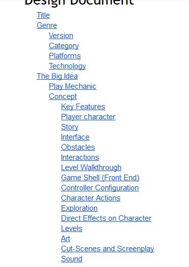 List of sections in the Design Document.