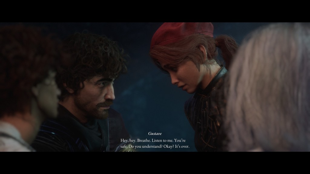 Screenshot of Gustave, Sciel, and Lune all gathered around Maelle. They are comforting her after she had a traumatic moment, and they are helping her calm her panic.