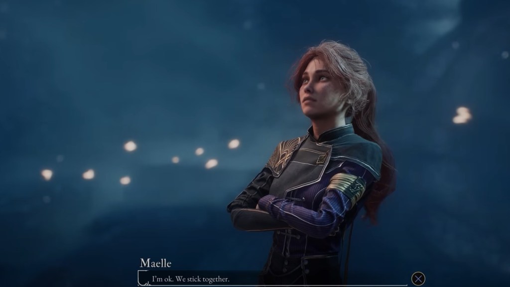 Night shot of Maelle in her Expedition 33 uniform with her red hair pulled back in a ponytail. Lanterns float in the background. She looks up toward Gustave who is outside the shot. The background has a blue tint to it.