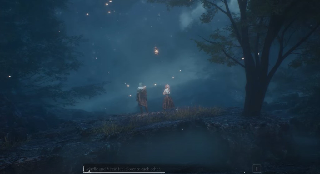 Screenshot of the back of Verso and Maelle as they stand by a cliff's edge and look out over the night. Lanterns float in the air around them. The moon lightly shines down upon them. They stand a few feet apart.