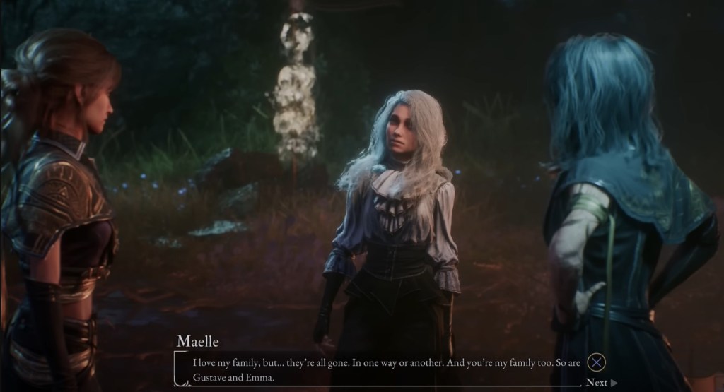 Sciel stands on the left side of the screenshot and faces Maelle, who stands in the center of the shot. Maelle's hair is white and she wears civilian clothes while Sciel and Lune both wear Expedition 33 uniforms. Lune stands on the right, with one hand on her hip, listening. It is nighttime and a campfire burns behind them.